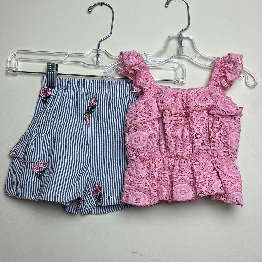 Mia Belle Girls NWT Pink Blue White Set Shorts & Tank 4T/5Y Seersucker Lace